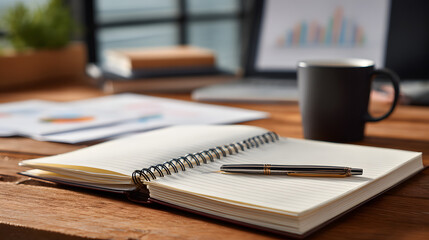 Open notebook with pen and coffee mug on a wooden desk
