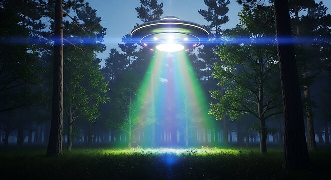 A luminous, disc-shaped object hovers above a dark forest, projecting colorful beams of light toward the ground, illuminating the trees and undergrowth