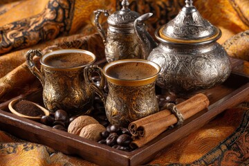Ornate silver coffee set with spices and beans