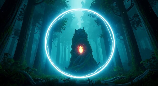 A luminous, glowing energy circle encases a stone-like structure with a fiery center, set deep in a forest