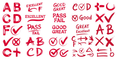 Exam Grade Test Red Pen Mark Set – Handwritten Correction Symbols and Teacher Feedback Marks.