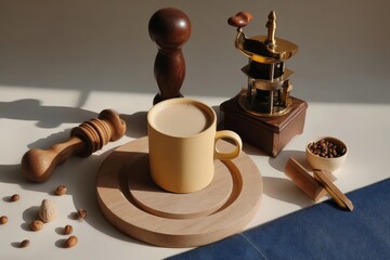 Still life with coffee mug grinder and spices on wooden platter
