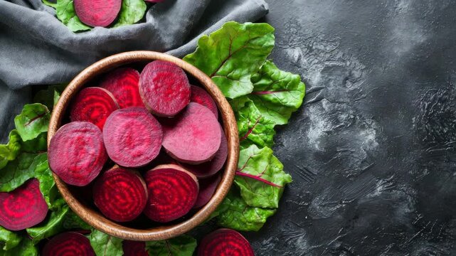 Freshly sliced beets arranged in a wooden bowl on leafy greens in a rustic kitchen setting