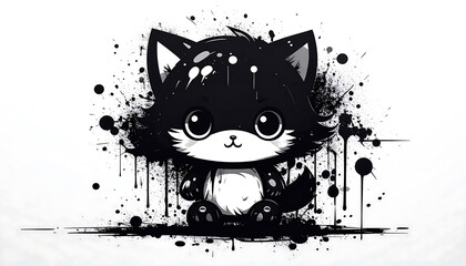 Adorable stylized black and white cartoon cat. Cute eyes and splash effect background