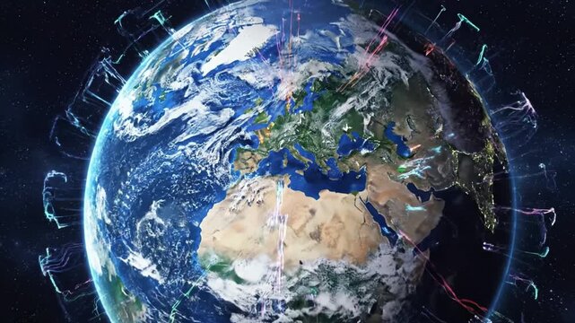 Stunning view of Earth from space reveals beauty of our planet, showcasing continents, oceans, and atmosphere, while emphasizing geography and natures significance in vast universe