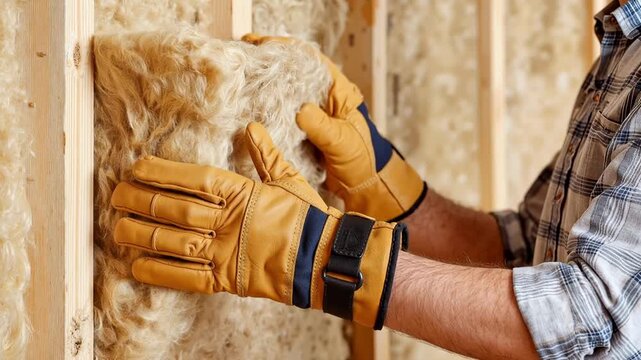 construction worker installing insulation in wooden wall frame