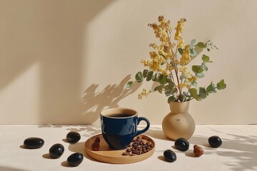 Elegant coffee setup with blue cup and yellow flowers on minimalist beige background