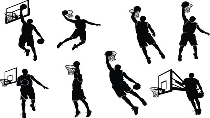 Basketball icon set, slam dunk silhouettes with hoop interaction showing airborne motion, athleticism, sport, power, vector design, black grid