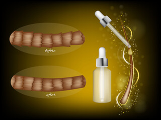 Realistic cosmetic illustration showing the effect of hair serum before and after use. Damaged with lifted cuticles and one smooth after treatment. Cosmetic essence bottle with dropper