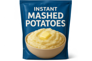Instant mashed potatoes packaging with serving bowl