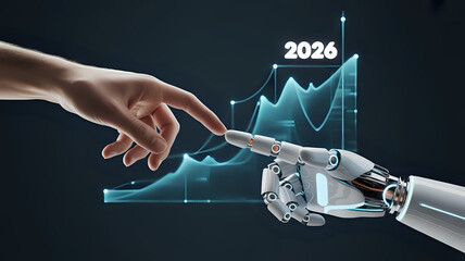 Human hand and robot hand touching in front of a chart with the year two thousand twenty six on top .