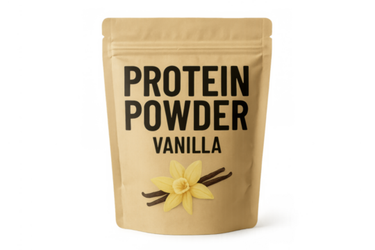 Vanilla protein powder stand up pouch on transparent background