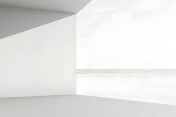 Minimalist White Interior Corner Overlooking Serene Cloudy Horizon in Ethereal Abstract Render