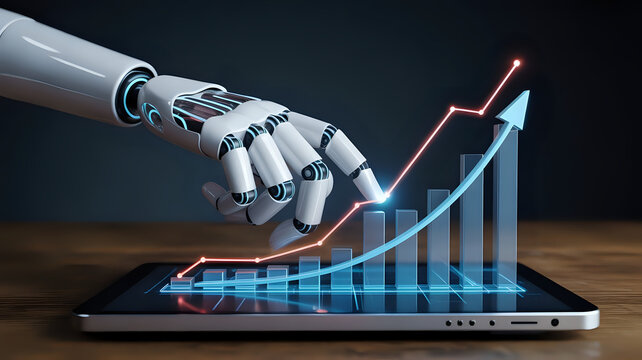 A robot hand interacting with a rising bar graph and line graph on a tablet screen display device .