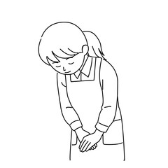 お辞儀をする女性のイラスト　モノクロ,白黒,スタッフ,店員,ショップ,お母さん,上半身,シンプル,素材,お願い