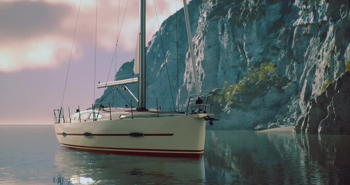 A sailboat rests quietly on smooth water, surrounded by towering cliffs. The soft light of the golden hour reflects on the water, creating a serene atmosphere.