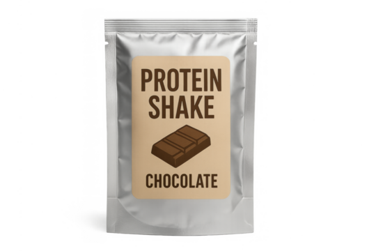 Chocolate protein shake powder in stand up pouch