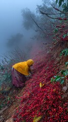 Woman harvesting ripe red coffee berries on misty hillside