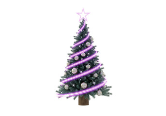 Festive decorated christmas tree with purple lights and ornaments isolated on transparent background