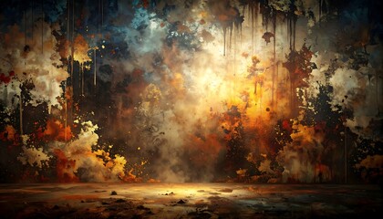 An abstract composition featuring a dramatic interplay of light, color, and texture. It showcases a vibrant palette, evoking emotion