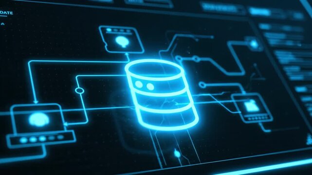 Futuristic digital technology interface showcases glowing database connections within network, emphasizing data management, innovation, and system connectivity for enhanced analytics and virtual