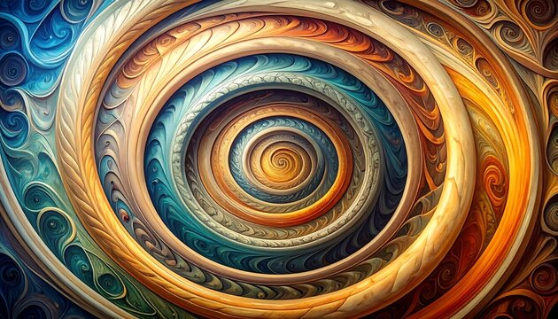 Abstract illustration features a spiraling, colorful design. It has an ornate, detailed pattern, showcasing a central point