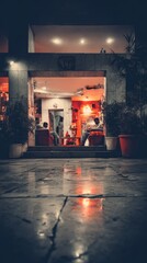 Cozy evening cafe ambience with warm lighting and relaxed atmosphere