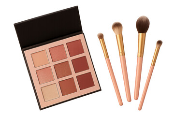 Peach and Pink Eyeshadow Palette with Makeup Brushes &ndash; Flatlay on Transparent Background