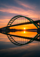 Naklejka premium Emerald Green Arch Bridge Over Calm Water at Sunset