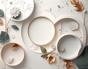 An abstract composition featuring a series of nested circular forms, adorned with botanical elements in pastel tones. Gold accents enhance the design
