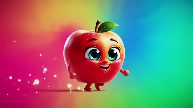 A cartoon style apple with big blue eyes and small limbs moving across a colorful background