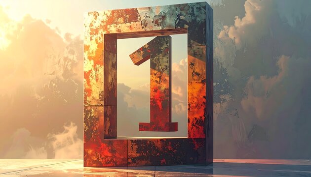 Abstract illustration featuring a rusty-textured number one within a frame, against a sky background. The composition is bathed in warm light
