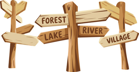 Cartoon wooden direction signpost with arrows pointing to forest, lake, river, and village, rustic travel navigation illustration isolated on white
