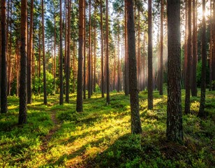 Obraz premium Sunlight streams through a lush forest, illuminating tall, straight trees and verdant undergrowth. A tranquil nature scene
