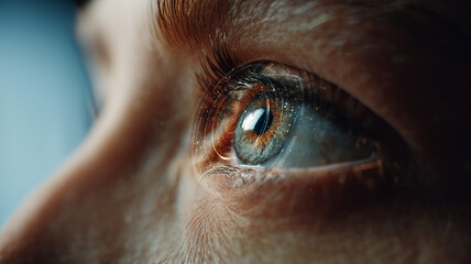 Human eye looking into cyberspace. Future technology. Close-up of human eye looking into virtual reality. Circular digital interface on eye. Augmented reality, eye with digital interface technology