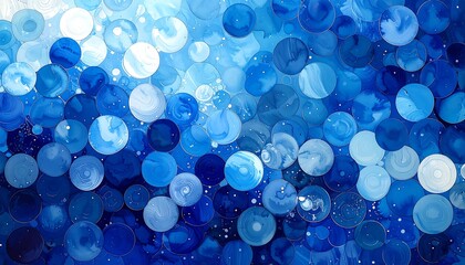 An abstract composition featuring an array of overlapping circles in various shades of blue, creating a textured, dreamlike atmosphere