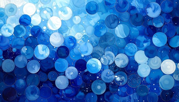 An abstract composition featuring an array of overlapping circles in various shades of blue, creating a textured, dreamlike atmosphere