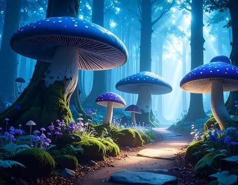 An enchanting path through a mystical forest. Large, vibrant mushrooms dot a mossy undergrowth, bathed in ethereal light. A trail beckons