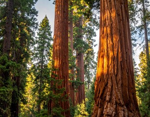 Sunlight streams through the canopy, illuminating towering, reddish-brown giants. The majestic trees create a cathedral-like forest scene