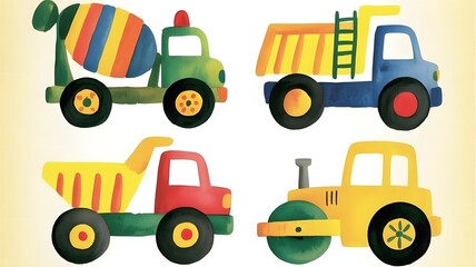 Naklejka premium Four colorful toy construction vehicles on a light background