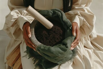 African female preparing herbal mixture in traditional mortar and pestle