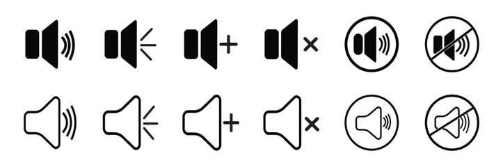 Speaker sound volume icons set.  Mute, low, medium, high volume levels and sound symbols. Volume control and loudspeaker button vector illustration.