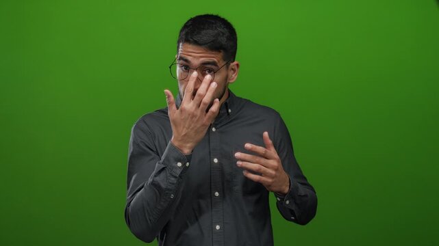 Young man with glasses rubbing eyes stands against vivid green background expressing tiredness.