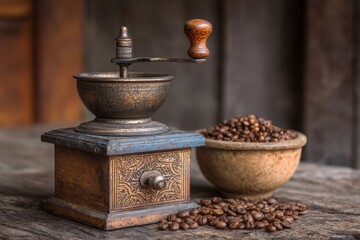 Vintage manual coffee grinder with coffee beans on rustic wooden table