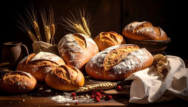 An artful still life showcases multiple freshly baked bread loaves with wheat and rustic decor
