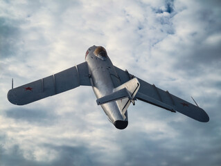 old Russian military fighter jet flies in the sky
