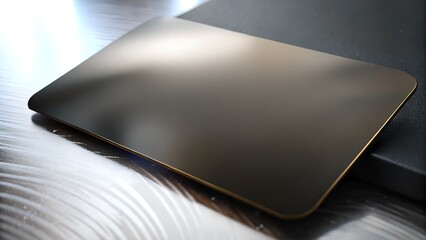 Sleek Metallic Business Card Mockup on a Textured Surface. A close up of a sleek metal card with golden edges resting on a textured surface and dark background, Business card Mockup Idea. 