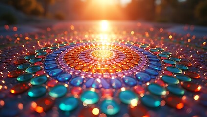 Luxurious Glass Mosaic Mandala with Sunbeam Reflections, Hyper Detailed 3D Render