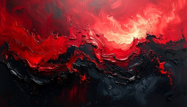 An abstract painting with textured, flowing, and vibrant layers of red, crimson, and black, evoking intense emotions and movement