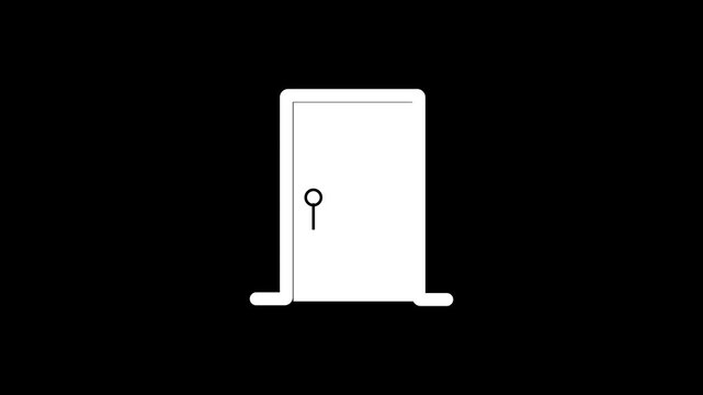 Animation of the door opening on black background. white 3d door concept. Opening and closing the door . White door on black background. 4k video animation